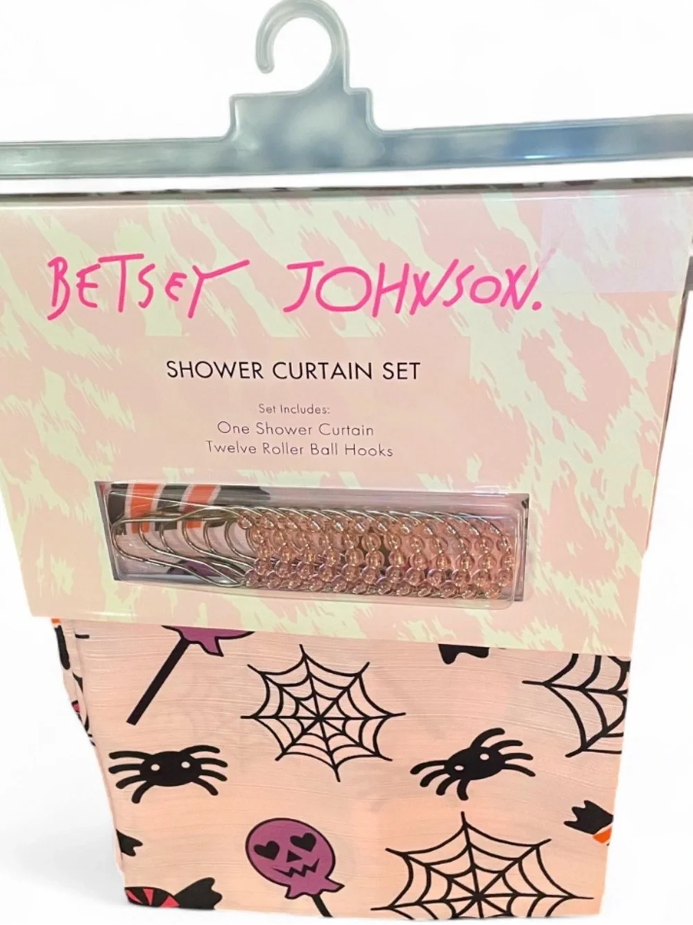 NWT Betsey Johnson Pink Halloween Spooky Spider & Candy Shower Curtain Set
